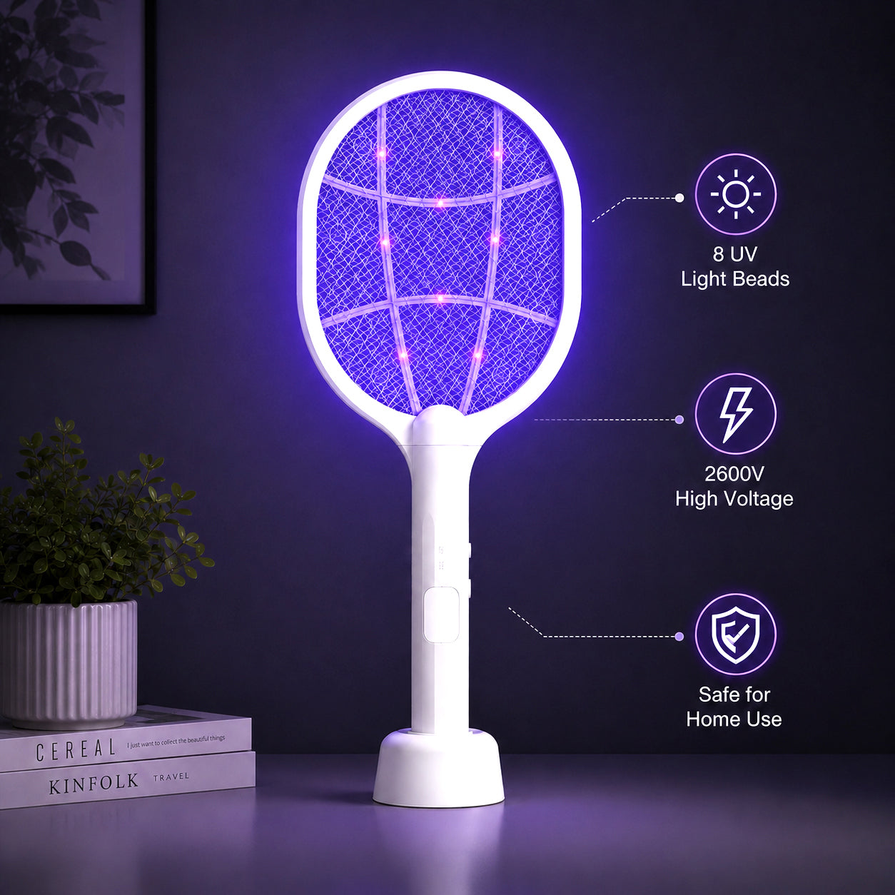 Moonlight White 8-LED Rechargeable Mosquito Swatter & Bug Zapper Lamp