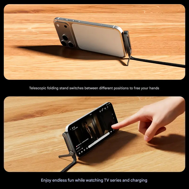 📱240W PD Fast Charge Data Cable with Integrated Folding Kickstand, Durable Nylon Braided 90° Elbow Design