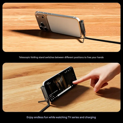 📱240W PD Fast Charge Data Cable with Integrated Folding Kickstand, Durable Nylon Braided 90° Elbow Design